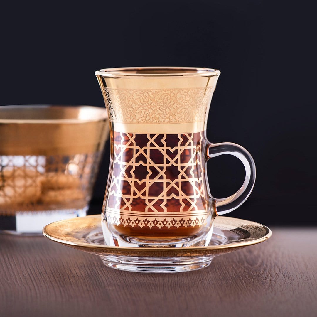 Dimlaj Cordoba Set of 6 Pcs Tea Istikanas and Saucers (Gold) - Premium Tea Istikans With Handle from Cordoba By Dimlaj - Just $390!