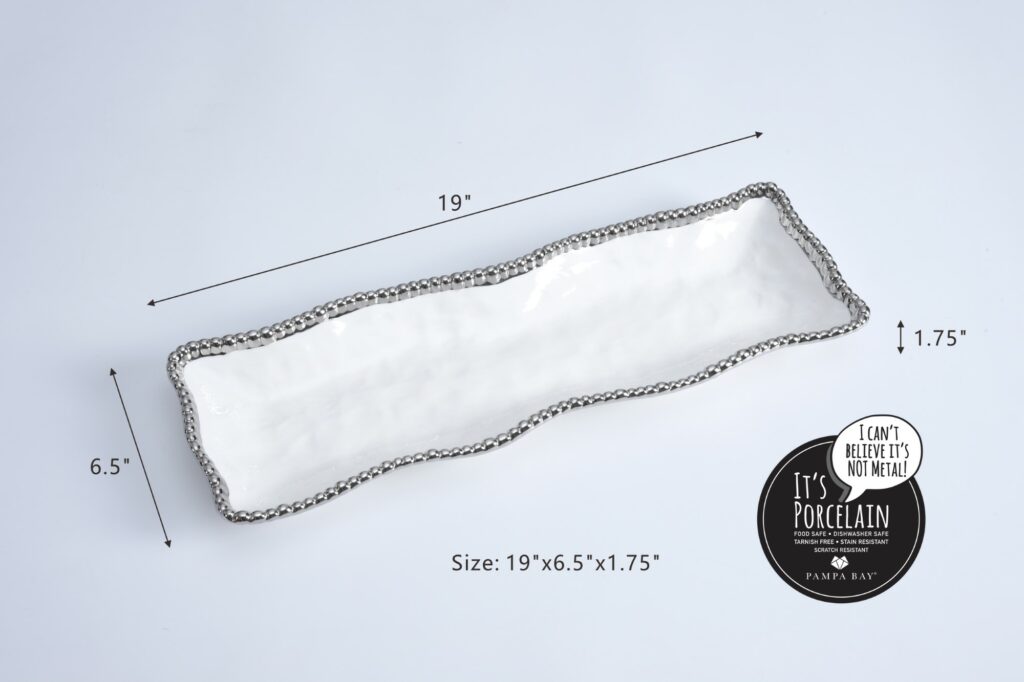 Pampa Bay Salerno Rectangular Serving Piece - White & Silver - Premium Platter from Pampa Bay - Just $150! 