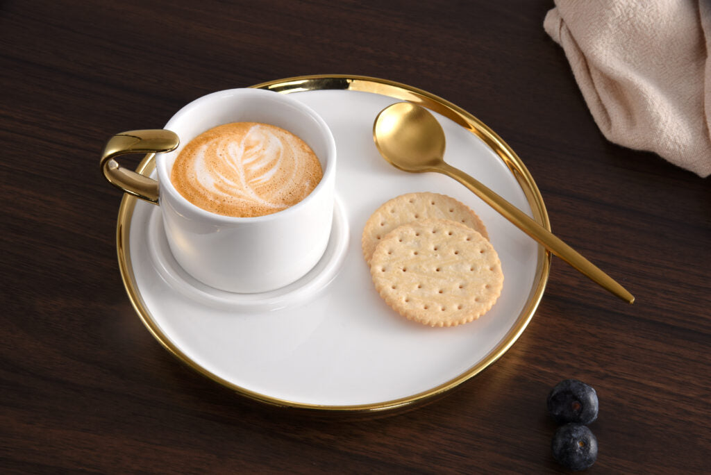 Pampa Bay Espresso Cup and Plate - White & Gold - Premium Coffee Cups from Pampa Bay - Just $125! 