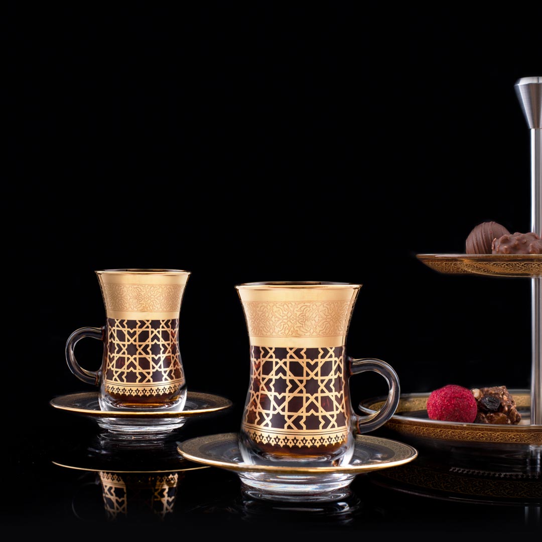 Dimlaj Cordoba Set of 6 Pcs Tea Istikanas and Saucers (Gold) - Premium Tea Istikans With Handle from Cordoba By Dimlaj - Just $390! 